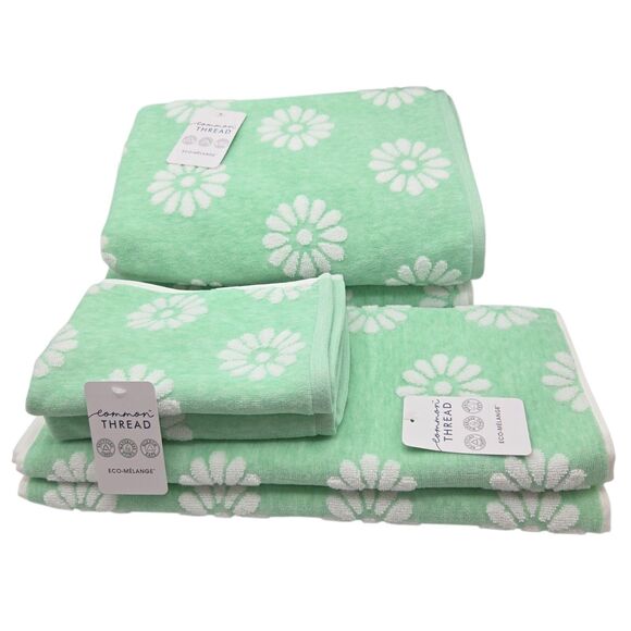 Common Thread Eco Melange White Daisy Mint Green Zero Twist Cotton Towel Set 6pc - Picture 9 of 9